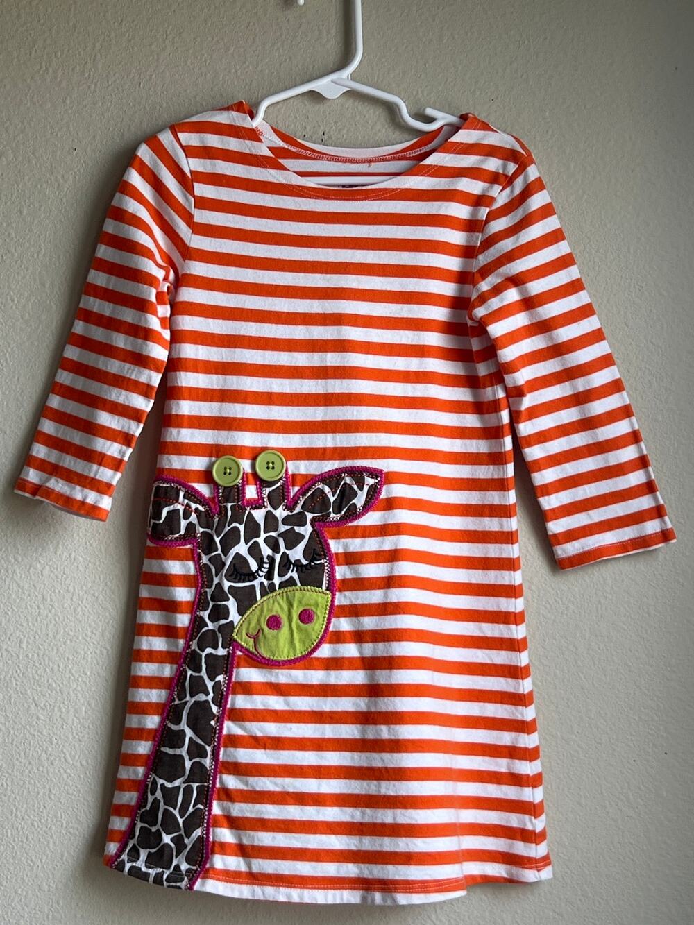 J. Khaki Orange White Striped Giraffe Applique Long Sleeve Cotton Dress Size 5